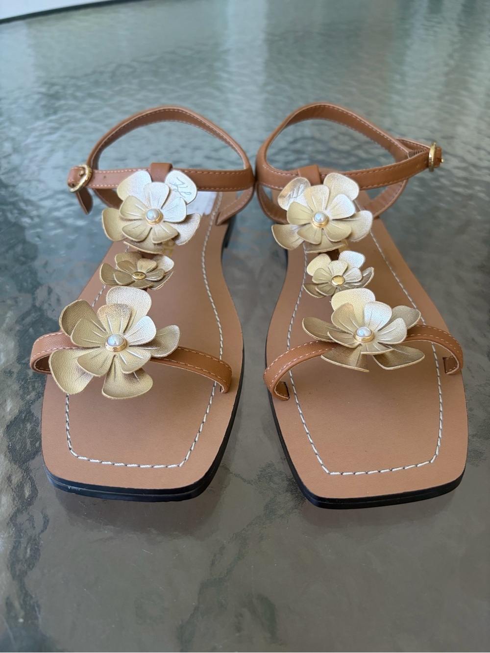Karl Lagerfeld Tan Sandals with Gold Floral Accents sz 7M NWT